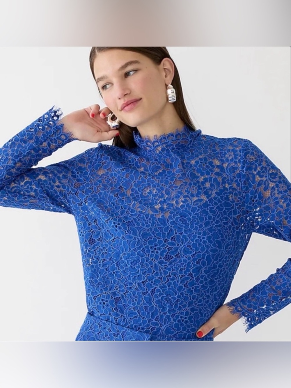 NEW J.CREW Cobalt Blue Mock-neck Scalloped Floral Lace Long Sleeve Top Size 00